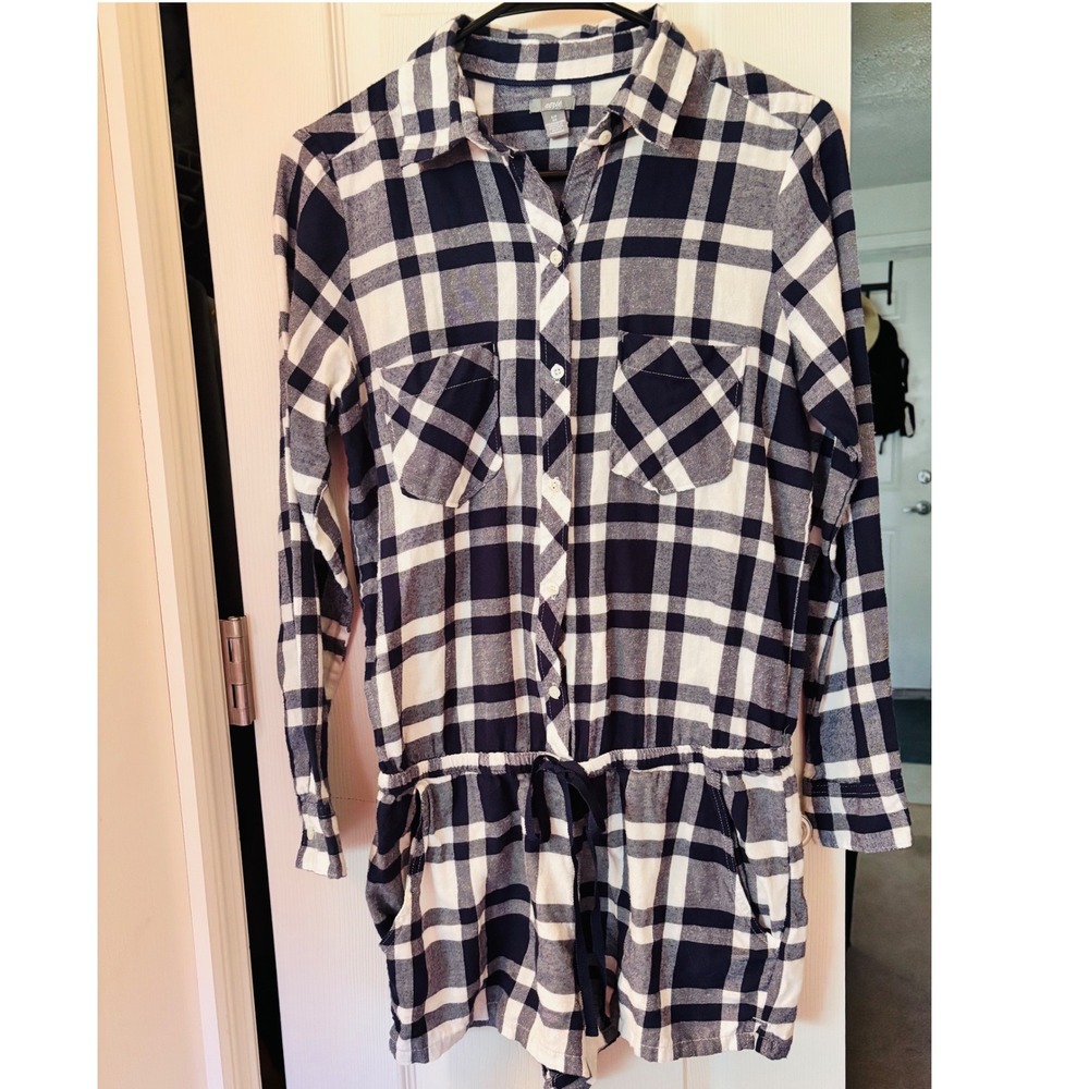 Aerie Navy White Plaid Romper Long Sleeve Button Front Drawstring Waist Small